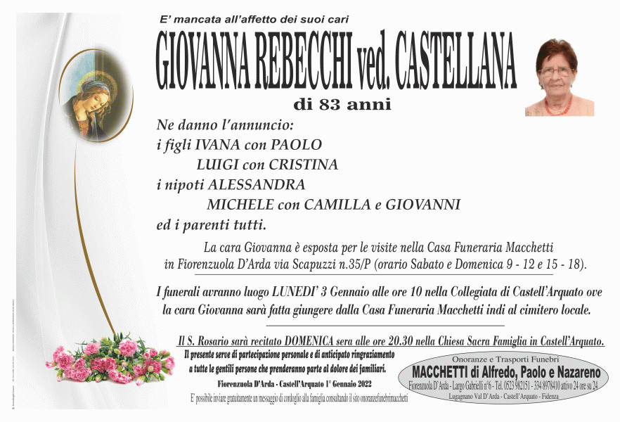 Giovanna Rebecchi Ved. Castellana - Necrologio - 2022 | Ricordi di Vita