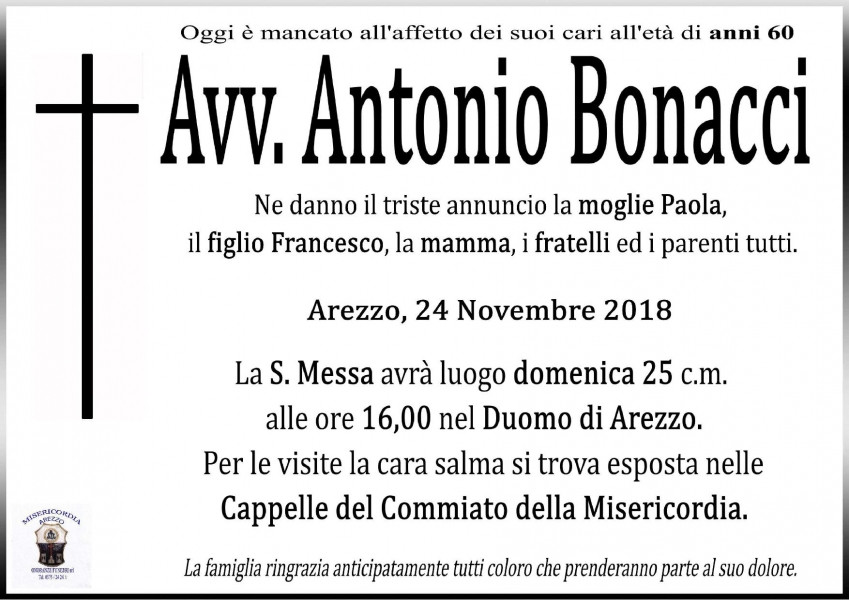 Avv. Antonio Bonacci Necrologio 2018 Ricordi di Vita