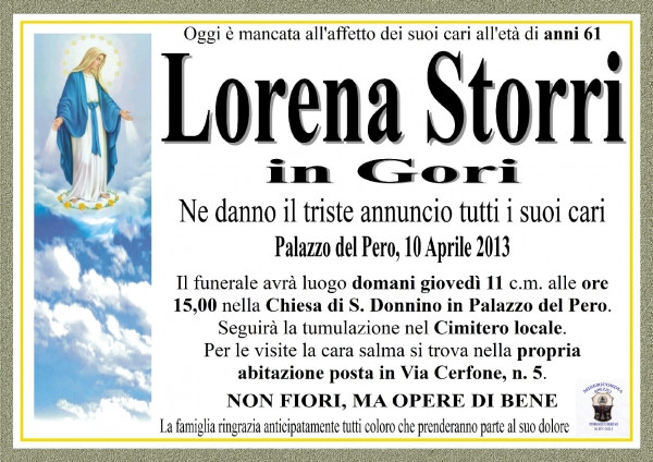 Lorena Storri Necrologio 2013 Ricordi di Vita