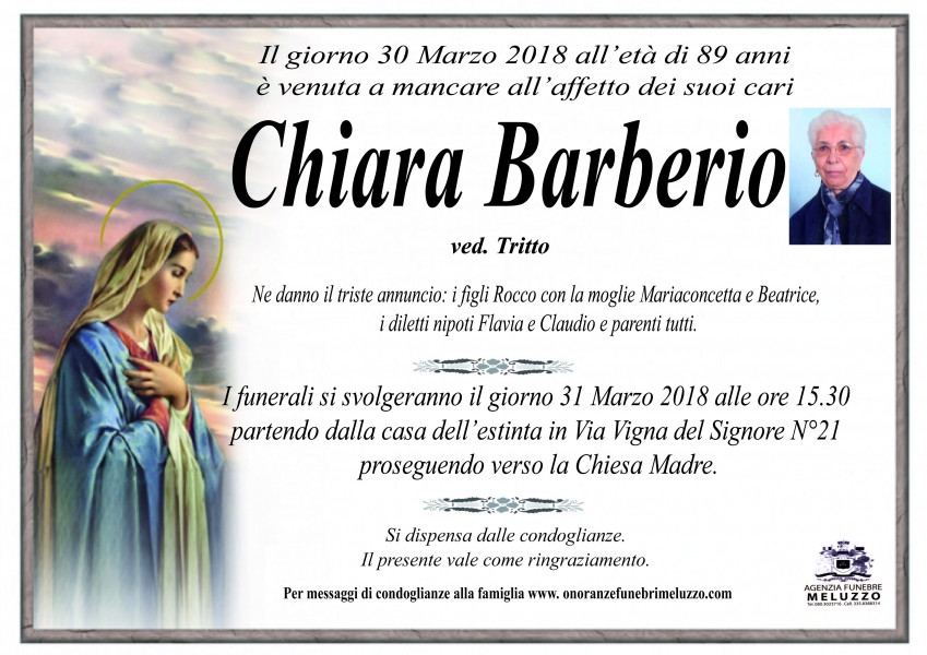 Chiara Barberio Necrologio 2018 Ricordi di Vita