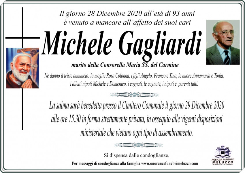 Michele Gagliardi Necrologio 2020 Ricordi di Vita