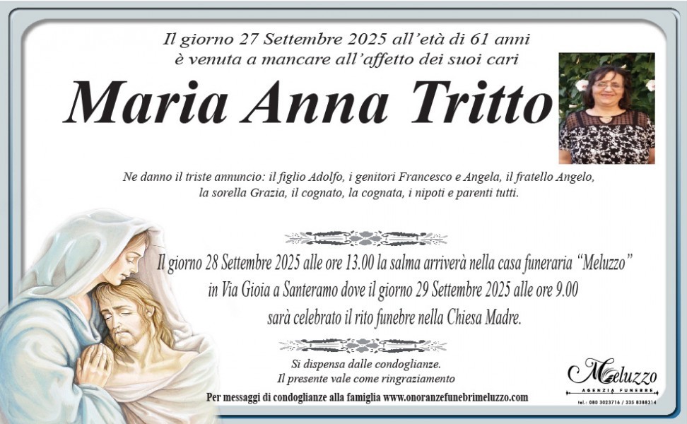 Maria Anna Tritto - Necrologio - 2025 | Ricordi di Vita