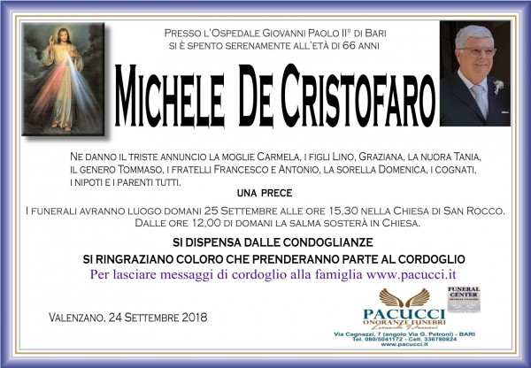 Michele De Cristofaro Necrologio 2018 Ricordi di Vita