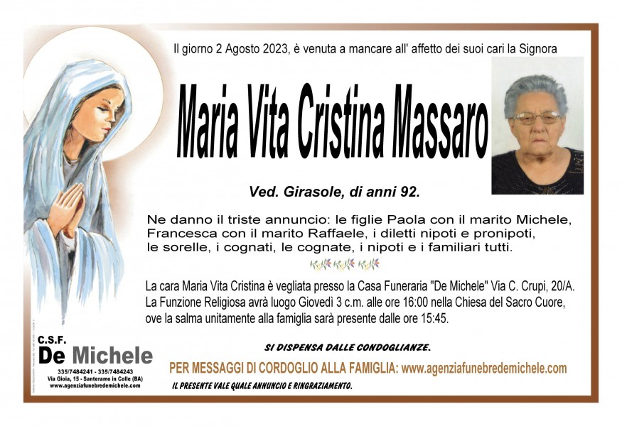 Maria Vita Cristina Massaro - Centro Servizi Funebri De Michele